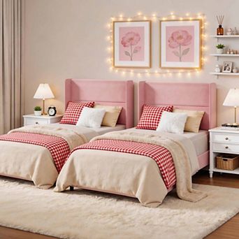 Set of 2 Twin Size Bed Frame with Wingback Headboard, Velvet Upholstered Platform Bed frame with Woo