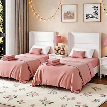 Set of 2 Twin Size Bed Frame with Wingback Headboard, Velvet Upholstered Platform Bed frame with Woo