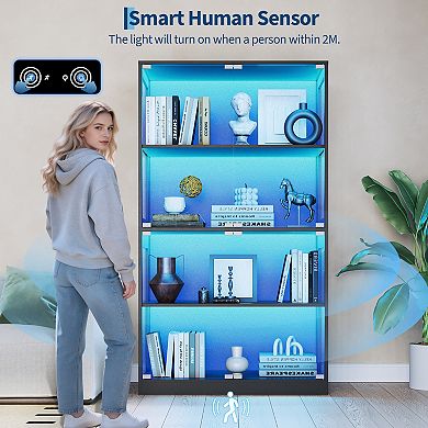 Glass Display Cabinet 4-Tier Curio with LED Lights, Smart Sensor & Charging Ports