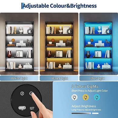 Glass Display Cabinet 4-Tier Curio with LED Lights, Smart Sensor & Charging Ports