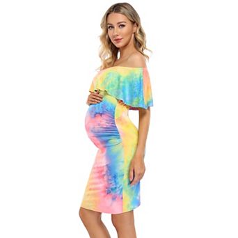 Women's Off Shoulder Tie Dye Dress Maternity Dress for Babyshower Photography