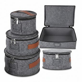 5 pc Premium Dinnerware Storage Set, Felt Lined Dish & Mug Organizer Box with Zipper