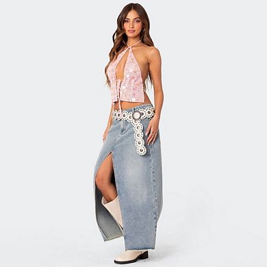Women's Crochet Halter Top with Lace Up Front and Open Knit