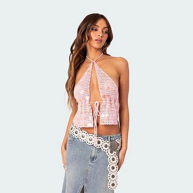 Women's Crochet Halter Top with Lace Up Front and Open Knit