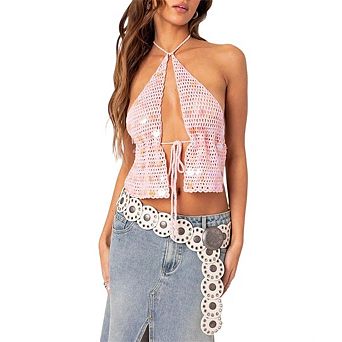 Women's Crochet Halter Top with Lace Up Front and Open Knit