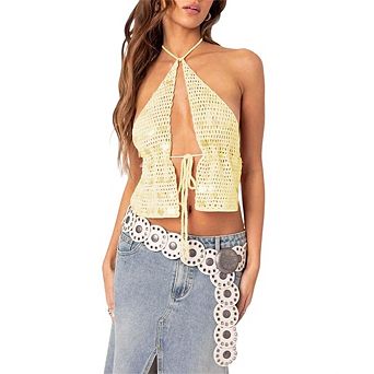 Women's Crochet Halter Top with Lace Up Front and Open Knit