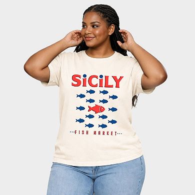 Sicily Fish Market Puff Print - Women's Plus Sized Garment Dyed Graphic T-Shirt