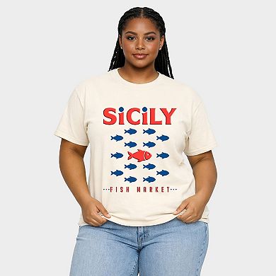 Sicily Fish Market Puff Print - Women's Plus Sized Garment Dyed Graphic T-Shirt
