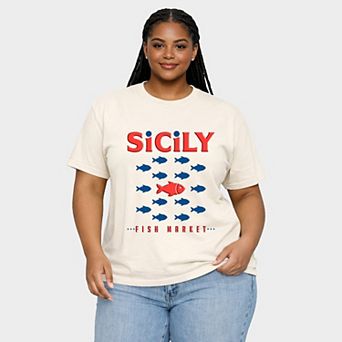 Sicily Fish Market Puff Print - Women's Plus Sized Garment Dyed Graphic T-Shirt