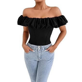 Women's Flounce Sleeve Elegant Off Shoulder Ruffle Trim Crop Tee Casual T Shirt Tops