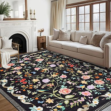 Floral Area Rugs, Machine Washable Soft Print Boho Carpet Non Slip Low Pile Flower Botanical Rug