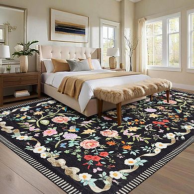 Floral Area Rugs, Machine Washable Soft Print Boho Carpet Non Slip Low Pile Flower Botanical Rug
