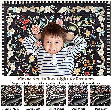 Floral Area Rugs, Machine Washable Soft Print Boho Carpet Non Slip Low Pile Flower Botanical Rug