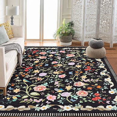 Floral Area Rugs, Machine Washable Soft Print Boho Carpet Non Slip Low Pile Flower Botanical Rug