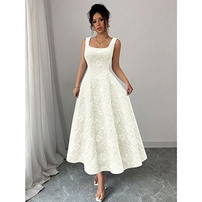white flowy tank dress Ecqkame Women's Plus Size Tank Dresses Buttoned Strapped Square Neckline Dress Casual Loose Solid Color Flowy Dress White Xxxl, Size: 3XL