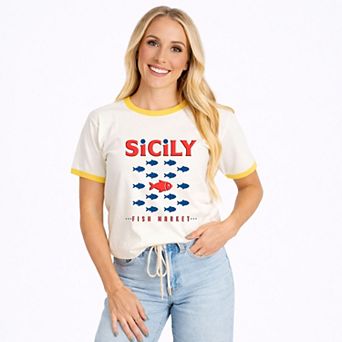 Sicily Fish Market Puff Print - Women's Ringer Graphic T-Shirt