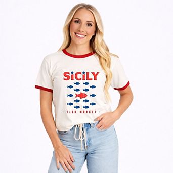 Sicily Fish Market Puff Print - Women's Ringer Graphic T-Shirt