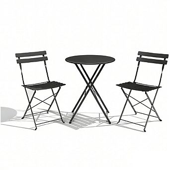 3 pc Patio Bistro Set with Round Table & 2 Folding Chairs, Compact Outdoor Furniture for Porch