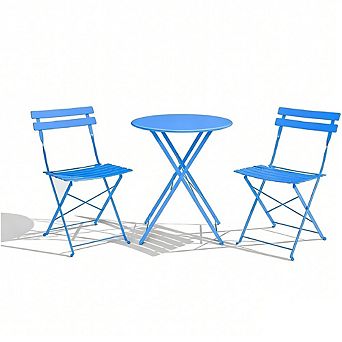 3 pc Patio Bistro Set with Round Table & 2 Folding Chairs, Compact Outdoor Furniture for Porch