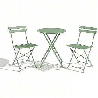 3 pc Patio Bistro Set with Round Table & 2 Folding Chairs, Compact Outdoor Furniture for Porch