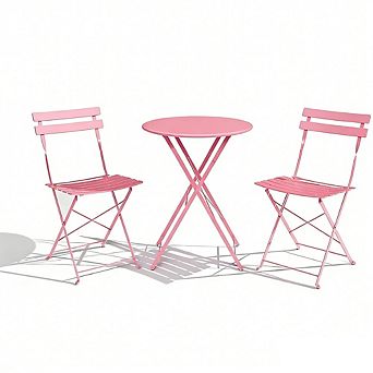 3 pc Patio Bistro Set with Round Table & 2 Folding Chairs, Compact Outdoor Furniture for Porch