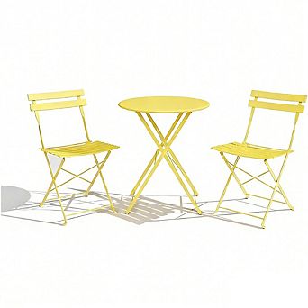 3 pc Patio Bistro Set with Round Table & 2 Folding Chairs, Compact Outdoor Furniture for Porch