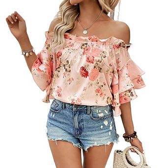 Women's Floral Print Off Shoulder Ruffle Trim Half Sleeve Tops