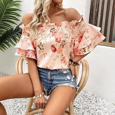 Women's Floral Print Off Shoulder Ruffle Trim Half Sleeve Tops