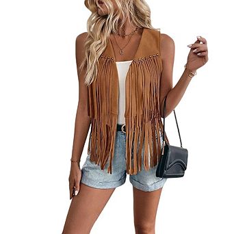Women's Faux Suede Fringe Vest with Sleeveless Open Front