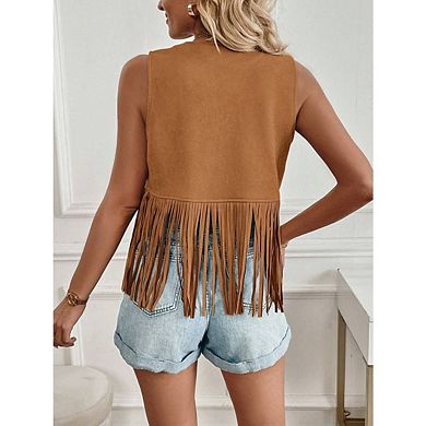 Women's Faux Suede Fringe Vest with Sleeveless Open Front