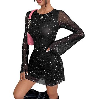 Women's Crewneck Backless Print Dress Mesh Sheer Flared Long Sleeve Bodycon Casual Dresses