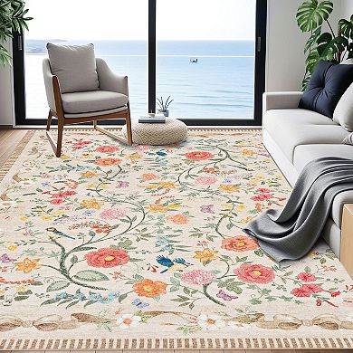 Floral Area Rugs, Machine Washable Soft Print Boho Carpet Non Slip Low Pile Flower Botanical Rug