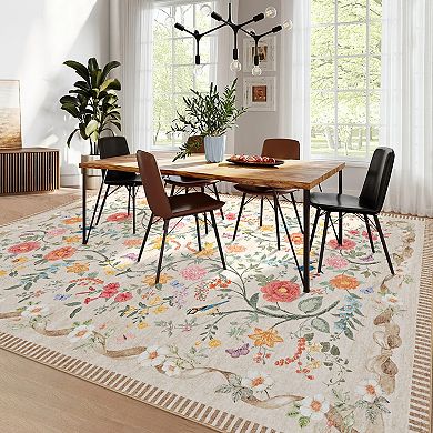 Floral Area Rugs, Machine Washable Soft Print Boho Carpet Non Slip Low Pile Flower Botanical Rug