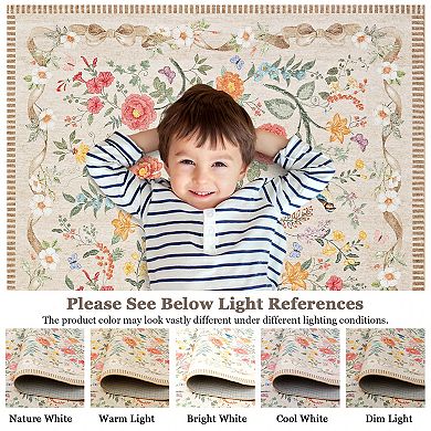 Floral Area Rugs, Machine Washable Soft Print Boho Carpet Non Slip Low Pile Flower Botanical Rug