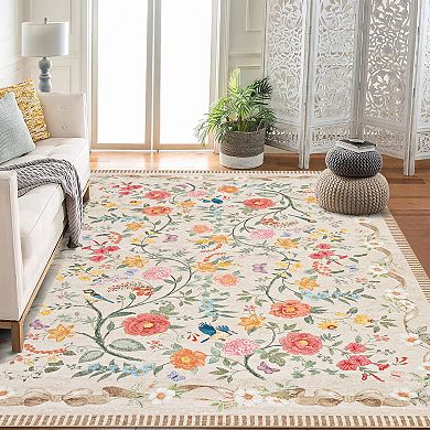 Floral Area Rugs, Machine Washable Soft Print Boho Carpet Non Slip Low Pile Flower Botanical Rug