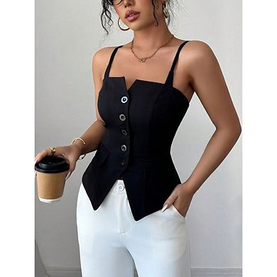 Women's Elegant Sleeveless Camisole Button Front Split Hem Solid Color Cami Tops