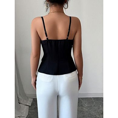 Women's Elegant Sleeveless Camisole Button Front Split Hem Solid Color Cami Tops
