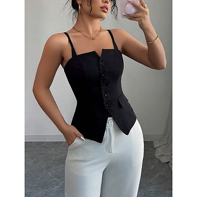 Women's Elegant Sleeveless Camisole Button Front Split Hem Solid Color Cami Tops