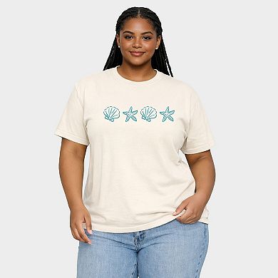 Embroidered Starfish and Shells - Women's Plus Sized Garment Dyed Graphic T-Shirt