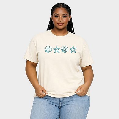 Embroidered Starfish and Shells - Women's Plus Sized Garment Dyed Graphic T-Shirt
