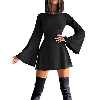 Women's Fashion Bell Long Sleeve Casual Dresses Crewneck Cutout Tie Backless Dress