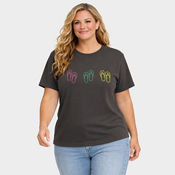 Embroidered Flip Flops - Women's Plus Sized Garment Dyed Graphic T-Shirt