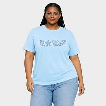 Embroidered Seashells - Women's Plus Sized Garment Dyed Graphic T-Shirt