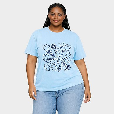 Autism Awareness Puzzle Outline - Women's Plus Sized Garment Dyed Graphic T-Shirt