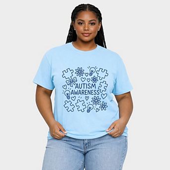 Autism Awareness Puzzle Outline - Women's Plus Sized Garment Dyed Graphic T-Shirt