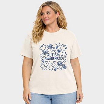 Autism Awareness Puzzle Outline - Women's Plus Sized Garment Dyed Graphic T-Shirt