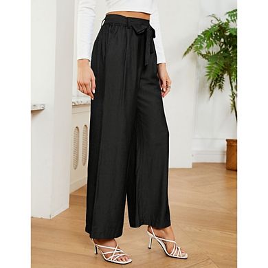 Women's High Waist Belted Wide Leg Pants Casual Flowy Trousers