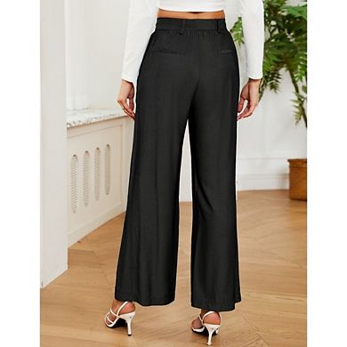 Women's High Waist Belted Wide Leg Pants Casual Flowy Trousers