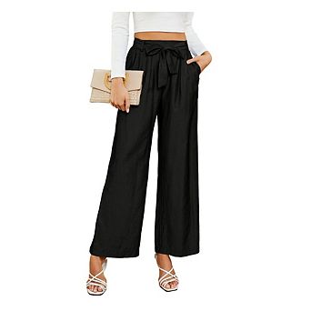 Women's High Waist Belted Wide Leg Pants Casual Flowy Trousers