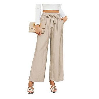Women's High Waist Belted Wide Leg Pants Casual Flowy Trousers